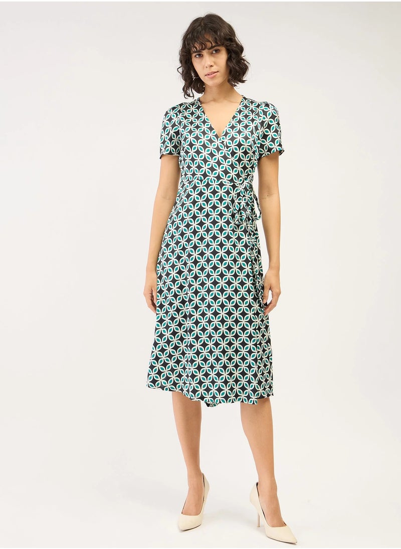 Salt Attire Women's  Stylish Midi Dress Featuring a Bold Geometric Pattern, Elegant V Neckline, and Trendy Side Wrap Tie-Up - Perfect for Effortless Style and Versatile Occasions  - Image 2