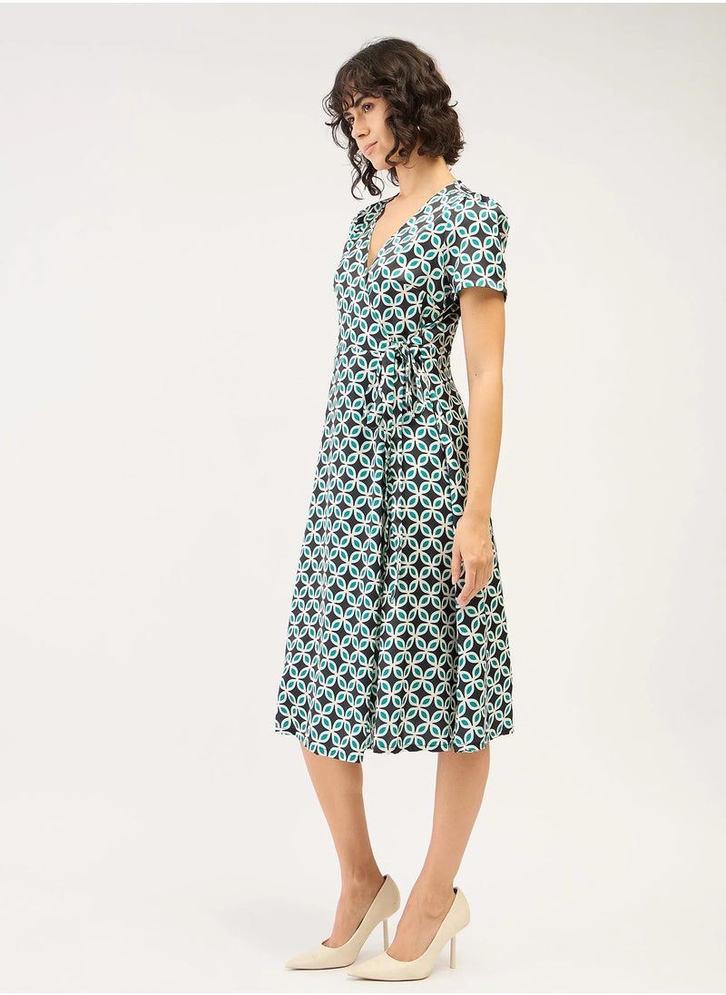 Salt Attire Women's  Stylish Midi Dress Featuring a Bold Geometric Pattern, Elegant V Neckline, and Trendy Side Wrap Tie-Up - Perfect for Effortless Style and Versatile Occasions  - Image 3