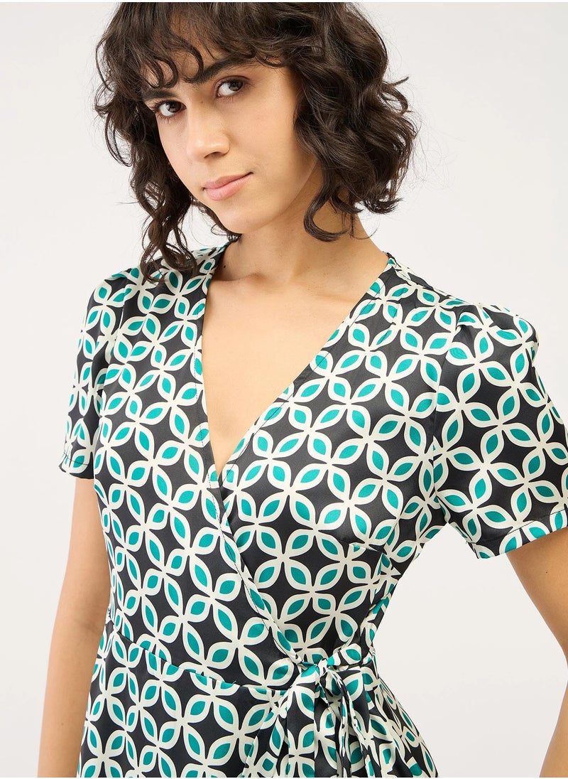 Salt Attire Women's  Stylish Midi Dress Featuring a Bold Geometric Pattern, Elegant V Neckline, and Trendy Side Wrap Tie-Up - Perfect for Effortless Style and Versatile Occasions  - Image 4