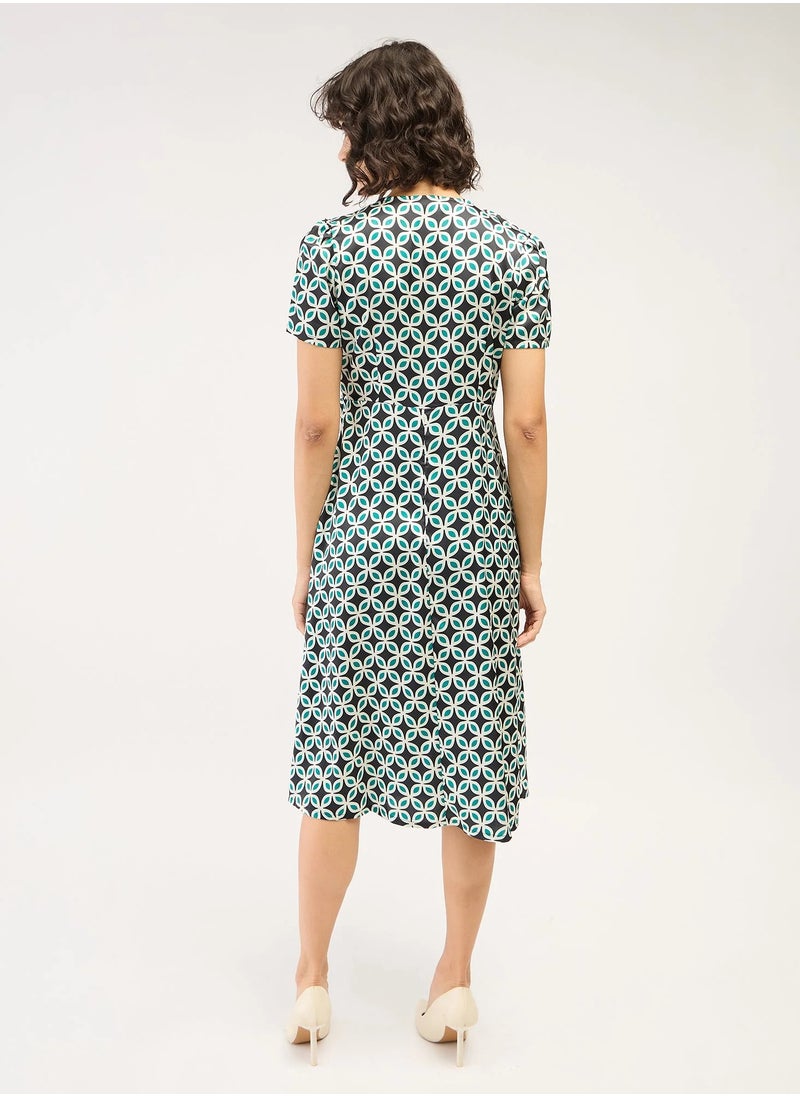 Salt Attire Women's  Stylish Midi Dress Featuring a Bold Geometric Pattern, Elegant V Neckline, and Trendy Side Wrap Tie-Up - Perfect for Effortless Style and Versatile Occasions  - Image 5