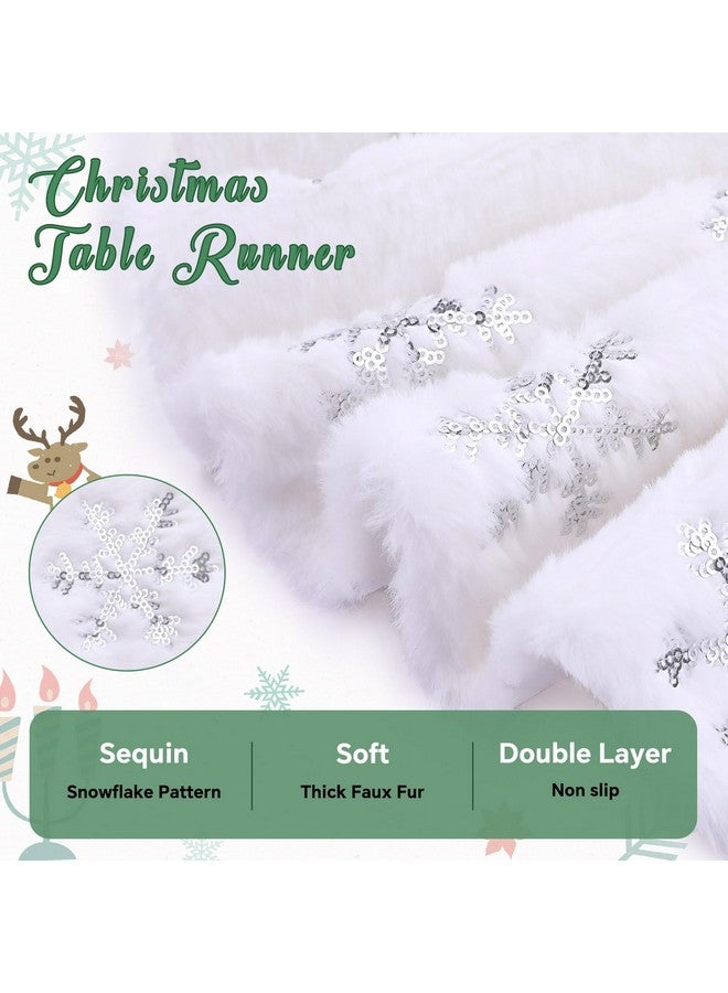 QueenDream White Fur Table Runner Silver Snowflakes Christmas Table Runner, Winter Xmas Holiday Kitchen Dining Table Decoration Indoor Outdoor Party Decor 13 x 90 Inch - Image 3