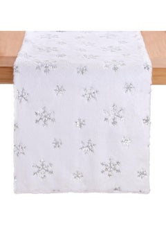 QueenDream QueenDream White Fur Table Runner Silver Snowflakes Christmas Table Runner, Winter Xmas Holiday Kitchen Dining Table Decoration Indoor Outdoor Party Decor 13 x 90 Inch  - Image 1