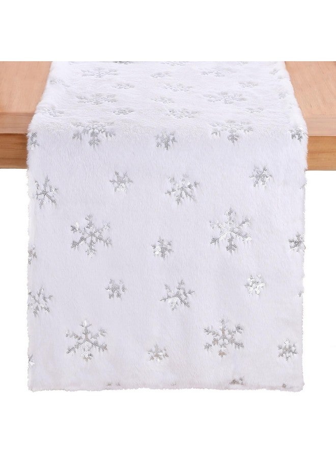 QueenDream White Fur Table Runner Silver Snowflakes Christmas Table Runner, Winter Xmas Holiday Kitchen Dining Table Decoration Indoor Outdoor Party Decor 13 x 90 Inch - Image 1