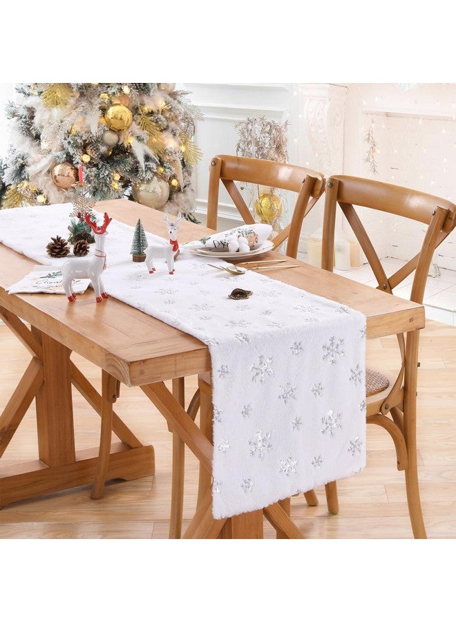 QueenDream White Fur Table Runner Silver Snowflakes Christmas Table Runner, Winter Xmas Holiday Kitchen Dining Table Decoration Indoor Outdoor Party Decor 13 x 90 Inch - Image 2