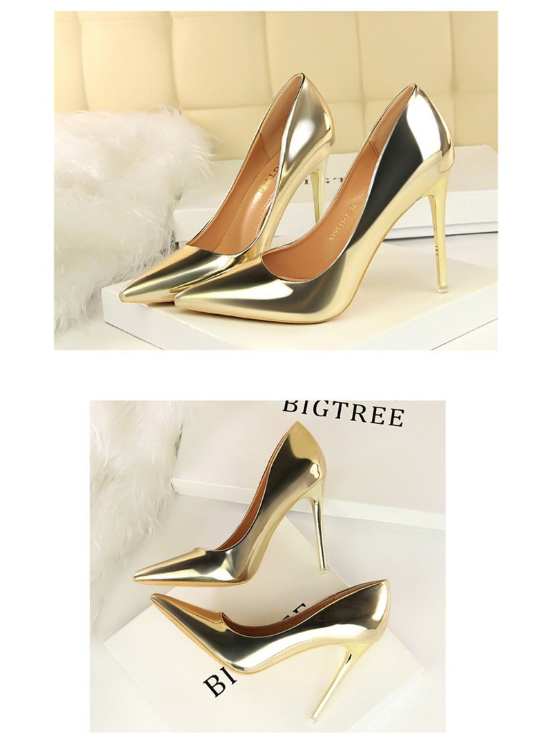BIGTREE 10.5CM Fashion Simple Slim Heels With Bright Surface Patent Leather Shallow Mouth Pointed Head Slim Women's Heels Gold  - Image 2