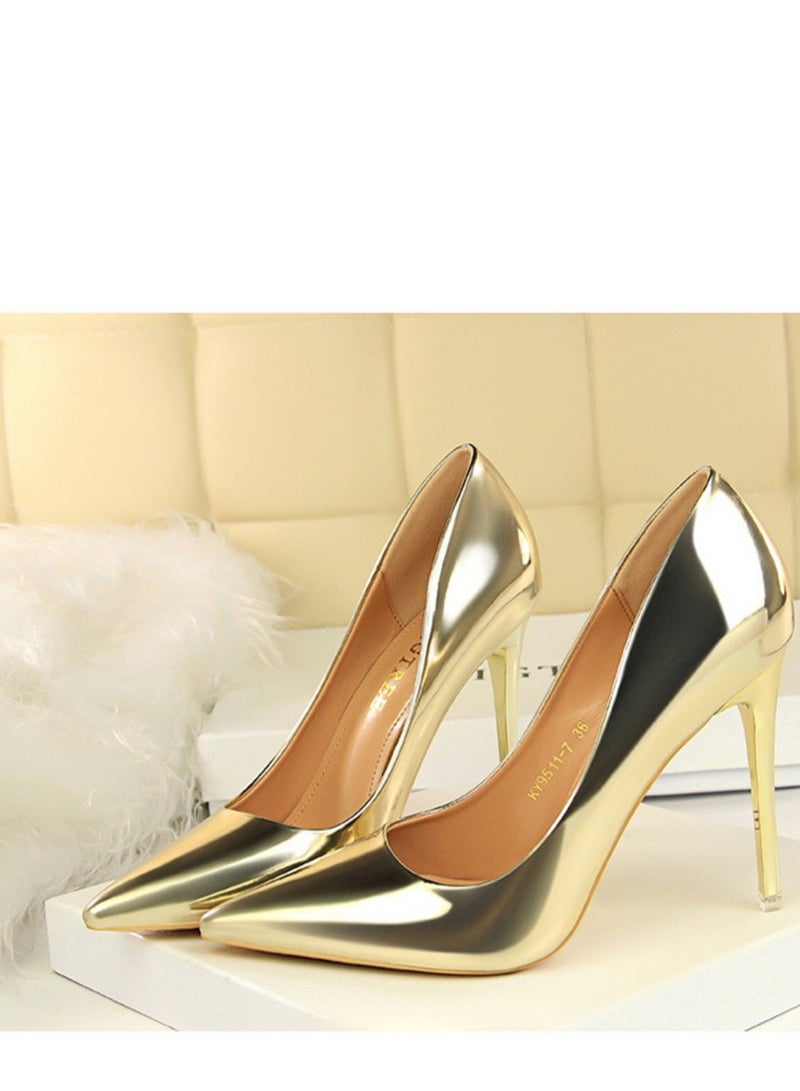BIGTREE 10.5CM Fashion Simple Slim Heels With Bright Surface Patent Leather Shallow Mouth Pointed Head Slim Women's Heels Gold  - Image 1