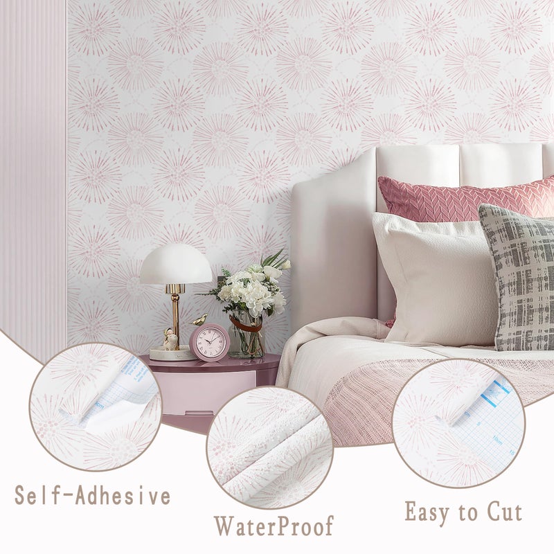Fiula Peel and Stick Wallpaper Geometric Boho Wall Paper White Pink Fireworks Contact Paper 17.3"Ã—78.7" Self-Adhesive Round Wallpaper for Bedroom Waterproof Removable Shelf Liner Decal Vinyl Roll - Image 2
