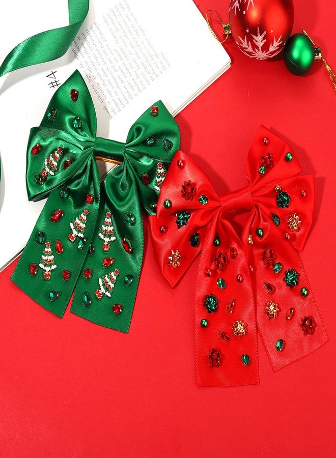 PHALIN 2 قطع مشابك شعر برباط عيد الميلاد للنساء إكسسوارات عيد الميلاد برباط شجرة الرنة رقاقات الثلج برباطات شعر ساتان حريري حمراء وخضراء رibbons شعر العطلات ملابس عيد الميلاد هدايا العطلات - Image 2