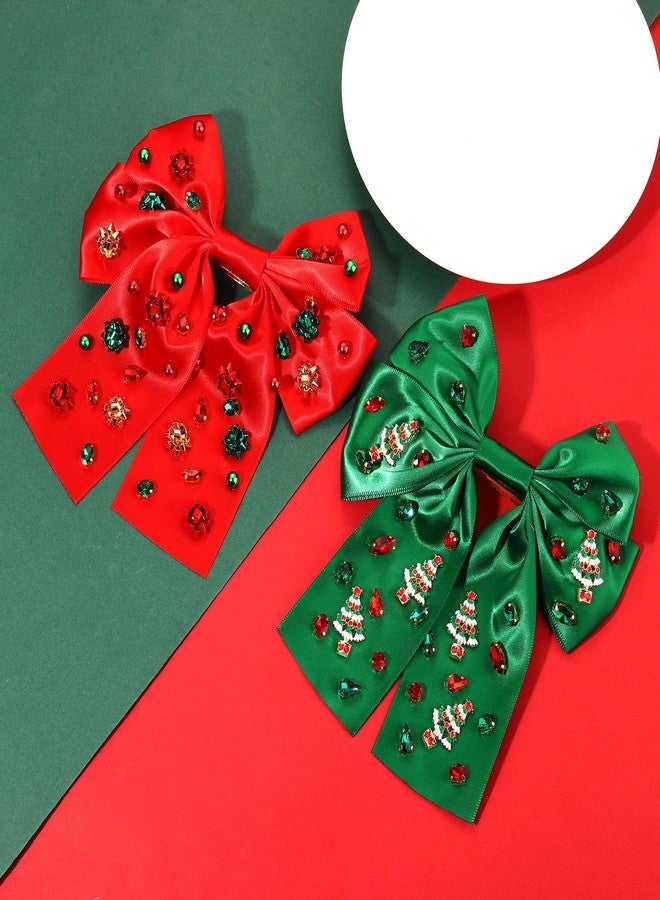 PHALIN 2 قطع مشابك شعر برباط عيد الميلاد للنساء إكسسوارات عيد الميلاد برباط شجرة الرنة رقاقات الثلج برباطات شعر ساتان حريري حمراء وخضراء رibbons شعر العطلات ملابس عيد الميلاد هدايا العطلات - Image 4