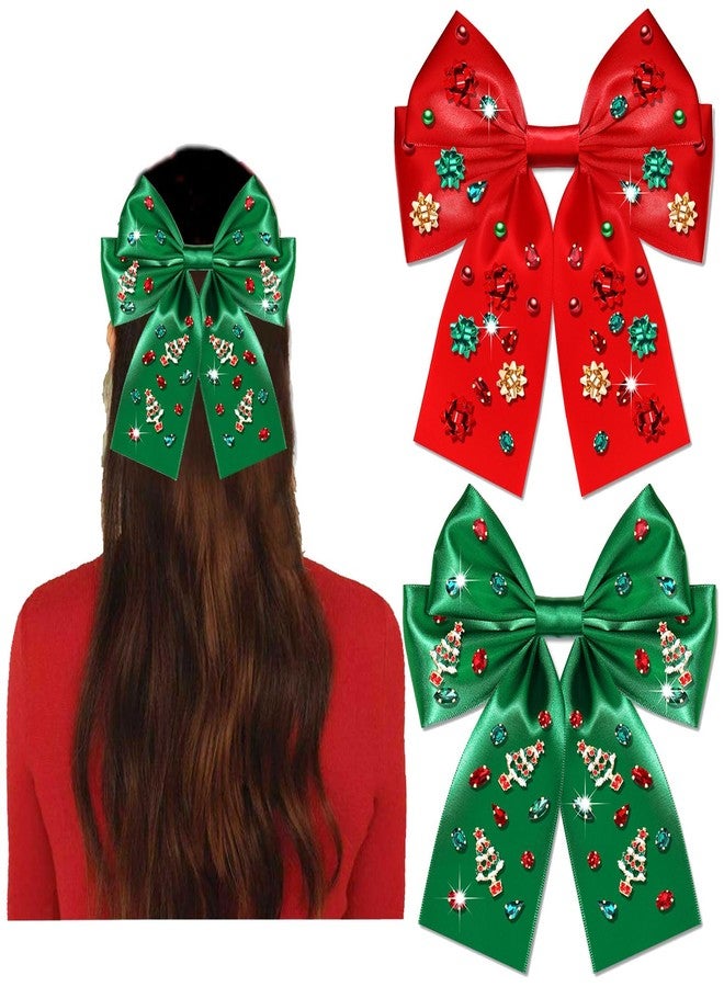 PHALIN 2 قطع مشابك شعر برباط عيد الميلاد للنساء إكسسوارات عيد الميلاد برباط شجرة الرنة رقاقات الثلج برباطات شعر ساتان حريري حمراء وخضراء رibbons شعر العطلات ملابس عيد الميلاد هدايا العطلات - Image 1