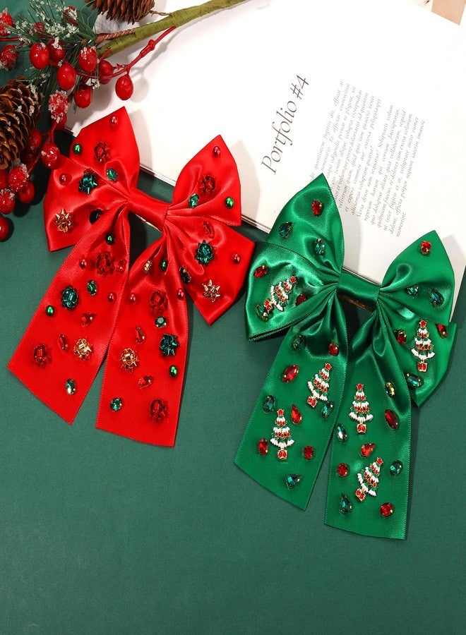 PHALIN 2 قطع مشابك شعر برباط عيد الميلاد للنساء إكسسوارات عيد الميلاد برباط شجرة الرنة رقاقات الثلج برباطات شعر ساتان حريري حمراء وخضراء رibbons شعر العطلات ملابس عيد الميلاد هدايا العطلات - Image 3