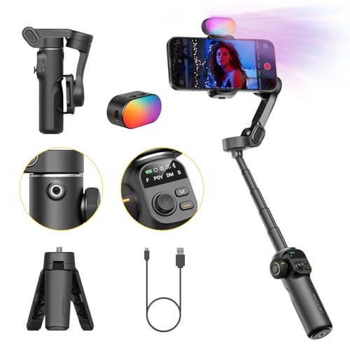 AOCHUAN Gimbal Stabilizer for iPhone, Phone Gimbal w/RGB Magnetic Fill Light, Foldable Gimbal Built in 7.8' Extension Rod and OLED Display for iPhone/Android Excellent for Vlogging-Smart X2 Kit Black - Image 1