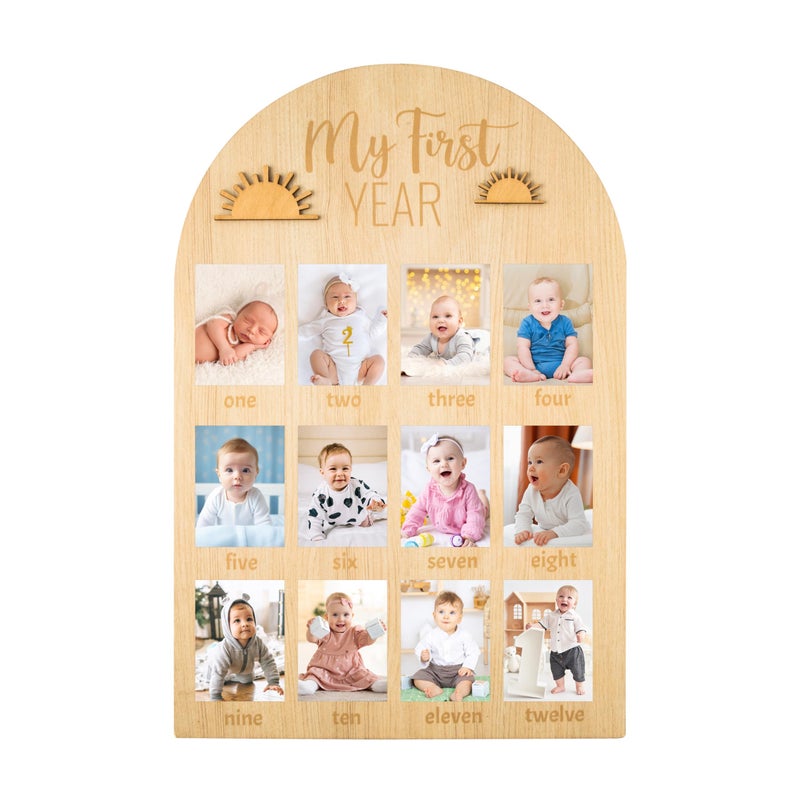 R HORSE R HORSE My First Year Photo Display Wood Board 3D Boho Sun Babys First Year Picture Frame 12 Months Milestone Board Neutral Baby Keepsake Birthday Nursery Decor Gift for Boy Girl