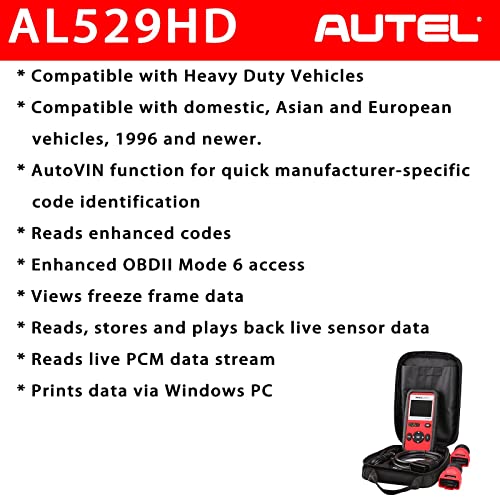 Autel AutoLink AL529HD 2024 Heavy Duty Code Reader Retrieve Code VIN O2 Sensor Test OBDII Monitor Test Review Read Erase Data View Live Data Freeze Frame Data - Image 2