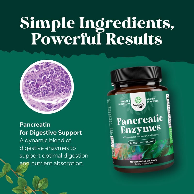 Natures Craft Pancreatin Digestive Enzymes for Digestive Health  Pancreatic Enzymes for Humans with Fat Carb and Protein Women and Men  Protease Amylase  Lipase Digestion 120ct - Image 5