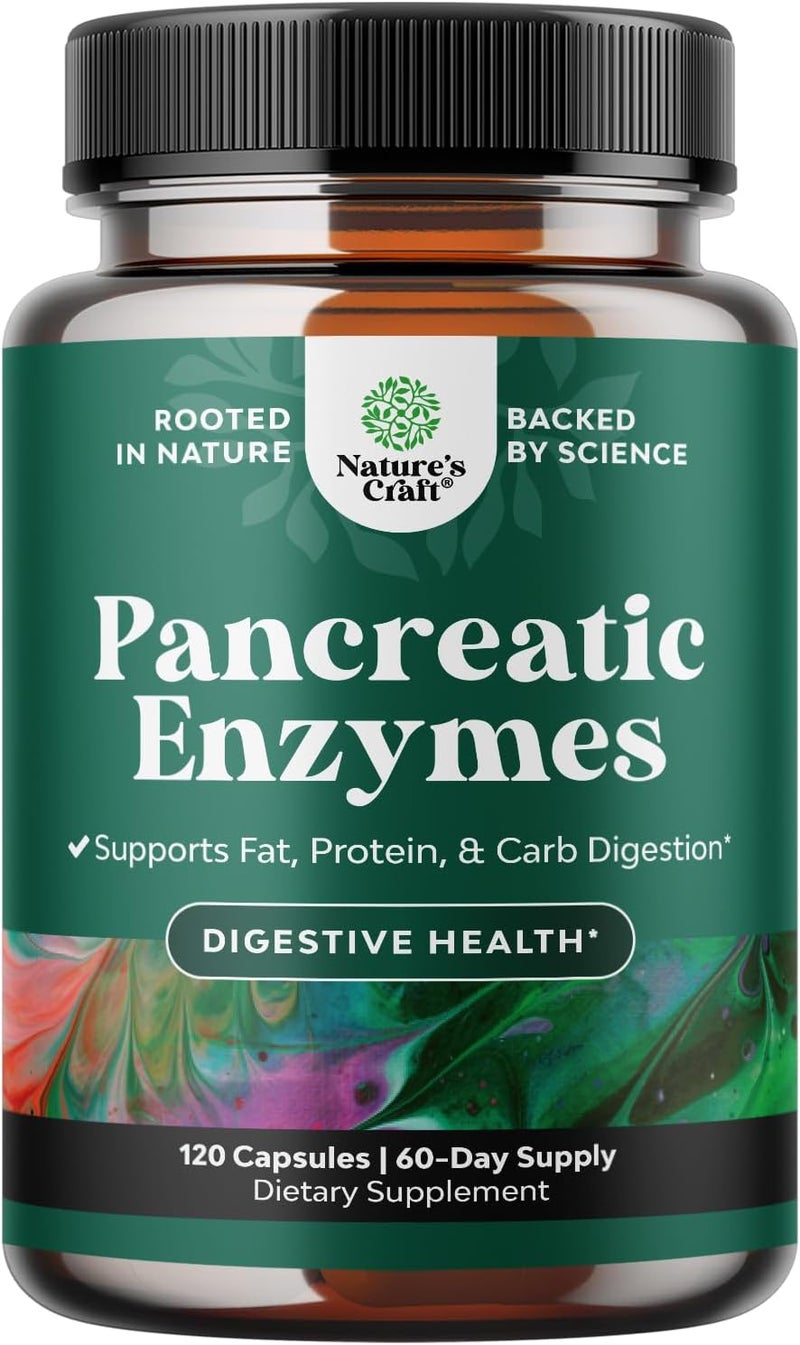 Natures Craft Pancreatin Digestive Enzymes for Digestive Health  Pancreatic Enzymes for Humans with Fat Carb and Protein Women and Men  Protease Amylase  Lipase Digestion 120ct - Image 1