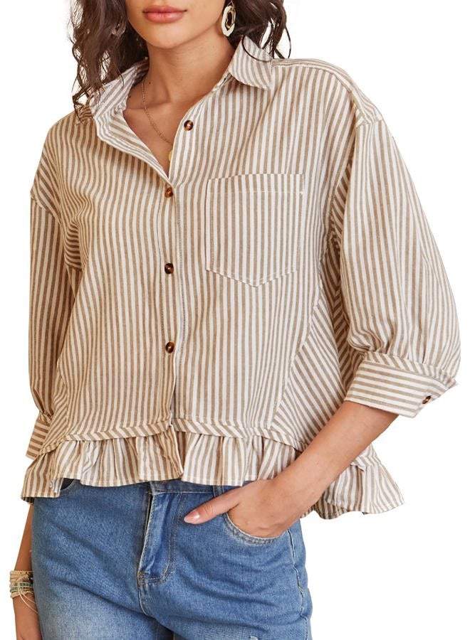 PEHMEA Women's Striped Button Down Shirt, 3/4 Sleeves Loose Fit Collared Blouse with Ruffle Casual Oversized Top, Tan, L - Image 1