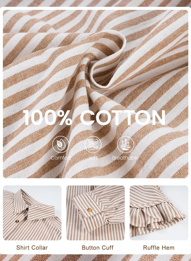 PEHMEA Women's Striped Button Down Shirt, 3/4 Sleeves Loose Fit Collared Blouse with Ruffle Casual Oversized Top, Tan, L - Image 5