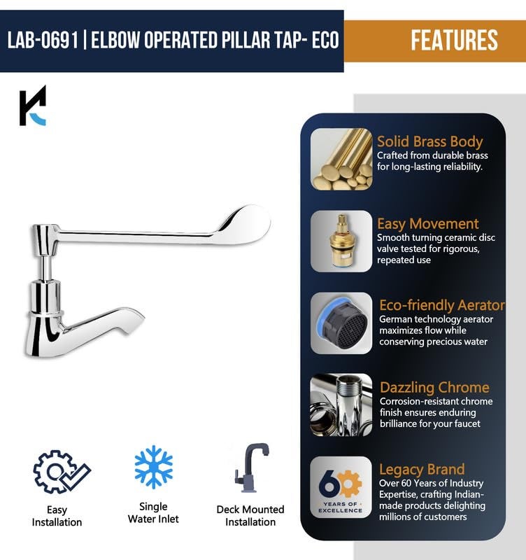 KAMAL Eco Brass Pillar Cock Faucet | Elbow Action Tap | Deck Mount Installation | Hygienic Chrome Finish | Ideal for Laboratory & Operation Theatre Use | Durable & Rust-Resistant | Silver - Image 3
