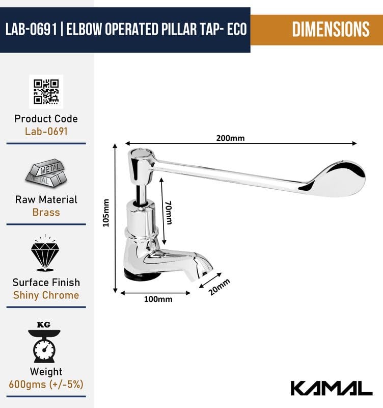 KAMAL Eco Brass Pillar Cock Faucet | Elbow Action Tap | Deck Mount Installation | Hygienic Chrome Finish | Ideal for Laboratory & Operation Theatre Use | Durable & Rust-Resistant | Silver - Image 4