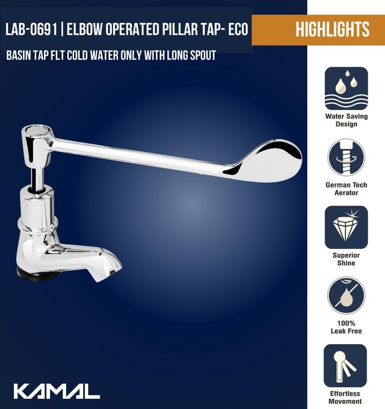 KAMAL Eco Brass Pillar Cock Faucet | Elbow Action Tap | Deck Mount Installation | Hygienic Chrome Finish | Ideal for Laboratory & Operation Theatre Use | Durable & Rust-Resistant | Silver - Image 2