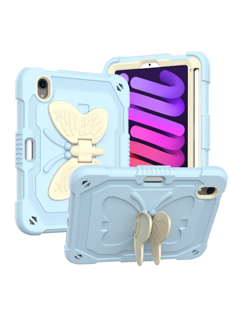 Compatible for iPad Mini 6 Case with Kickstand Butterfly Wings Pencil Holder, Heavy Duty Hard Rugged Protective Cover for Kids Girls for iPad Mini 6 Generation (8.3-inch, 2021)-Blue - Image 1