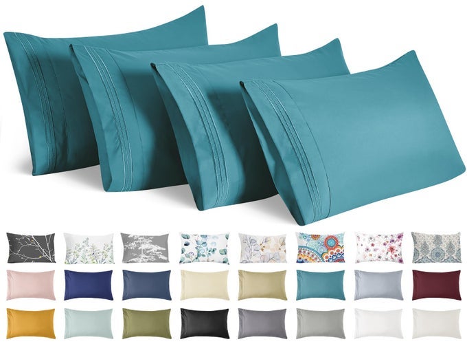 PILLOW CASES QUEEN SIZE SET OF 4 ULTRA SOFT 1800TC HOTEL QUALITY DOUBLE BRUSHED MICROFIBER EMBROIDERED PILLOWCASES ENVELOPE CLOSURE FADE RESISTANT 20X30 TEAL