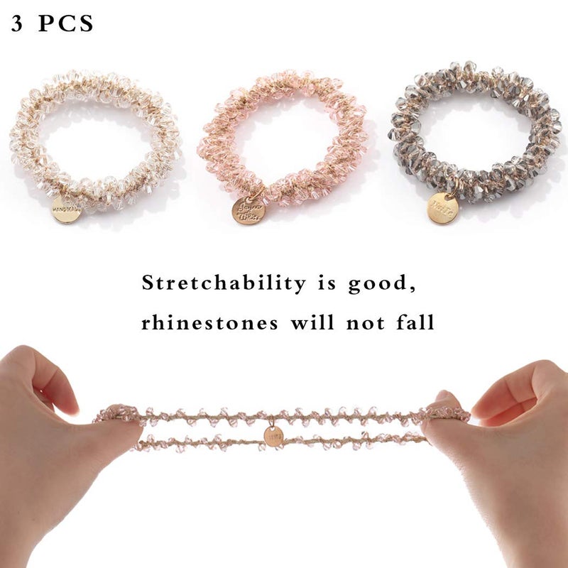 Brinie Hair Ties White Elastic Hair Scrunchies Crystal Hair Bands Bead Ponytail Holders Hair Accessories for Women and Girls (Pack of 3) - Image 3