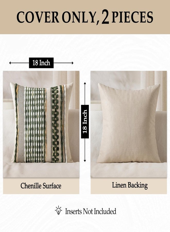 ANRODUO Pack of 2 Boho Decorative Throw Pillow Covers 18x18 Farmhouse Cushion Case Striped Chenille Pillow Cases Square Pillow Covers Accent Neutral Pillowcase for Sofa Couch Bed, Olive Green Stripe - Image 4