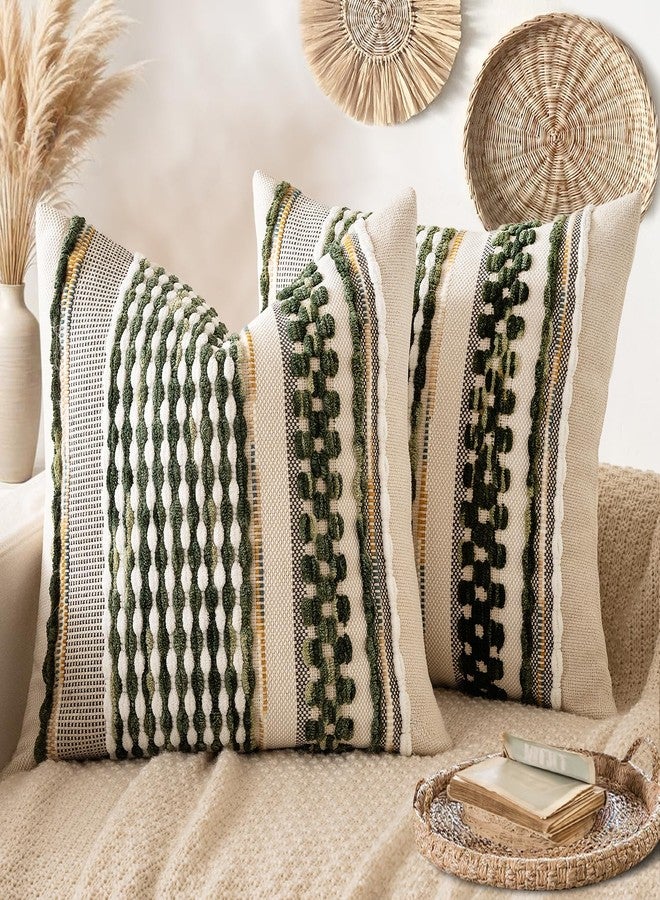 ANRODUO Pack of 2 Boho Decorative Throw Pillow Covers 18x18 Farmhouse Cushion Case Striped Chenille Pillow Cases Square Pillow Covers Accent Neutral Pillowcase for Sofa Couch Bed, Olive Green Stripe - Image 1