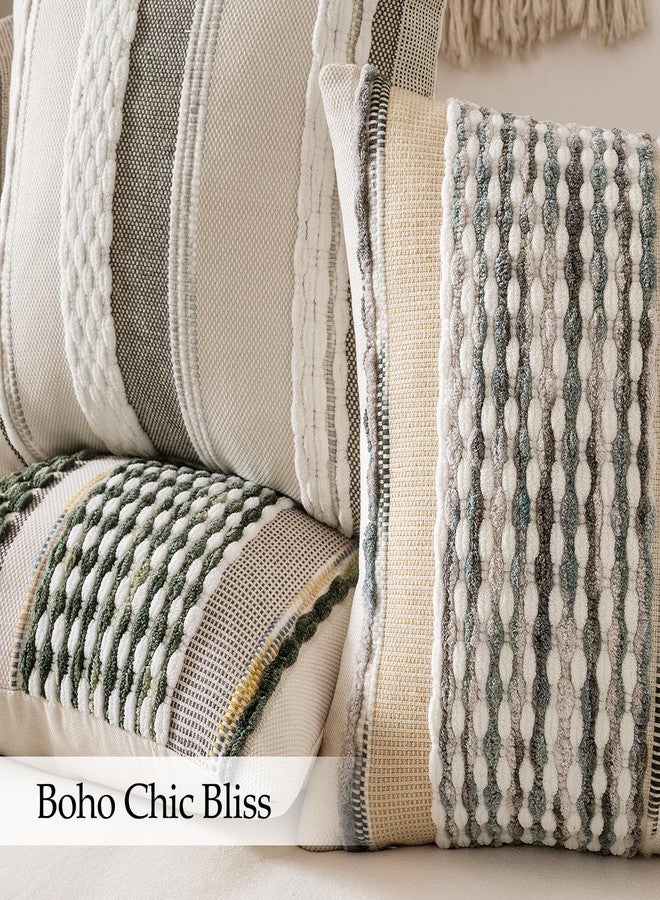 ANRODUO Pack of 2 Boho Decorative Throw Pillow Covers 18x18 Farmhouse Cushion Case Striped Chenille Pillow Cases Square Pillow Covers Accent Neutral Pillowcase for Sofa Couch Bed, Olive Green Stripe - Image 5