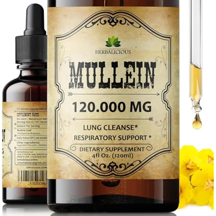 HERBALICIOUS قطرات المولين العشبية لتنظيف الرئتين - مكمل عضوي لتنظيف الرئتين مع مستخلص ورق المولين (Verbascum Thapsus) - صيغة سائلة نباتية، خالية من الكائنات المعدلة وراثيًا - 4 أونصات سائلة - Image 1