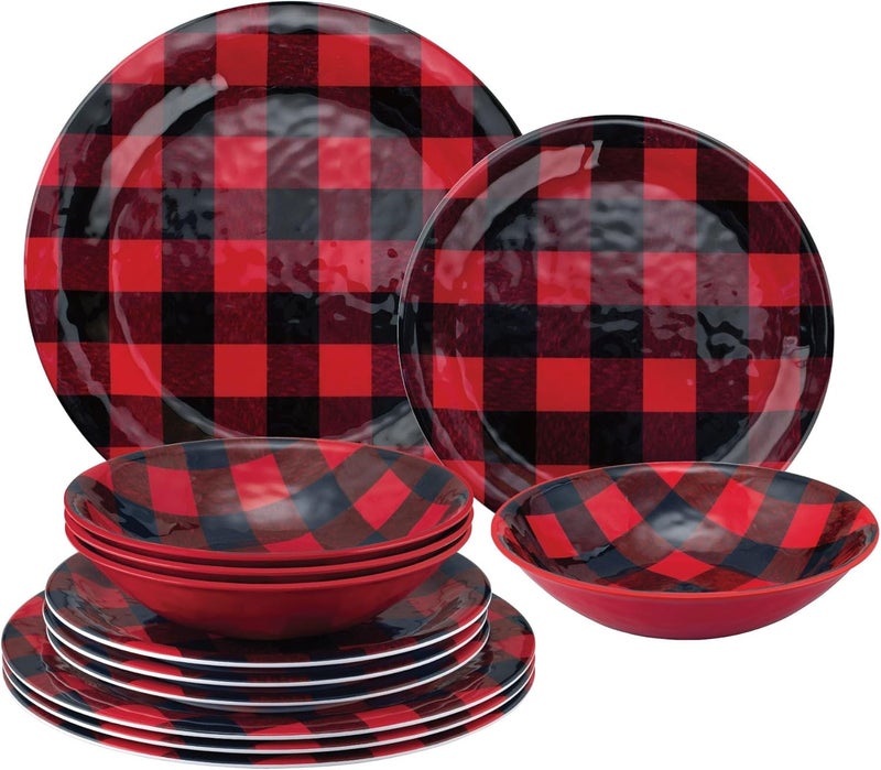 UPware 12 Piece Buffalo Plaid Melamine Dinnerware Sets Outdoor Dishes Set Plates and Bowls Sets Christmas Decorations Service for 4 Red - Image 1