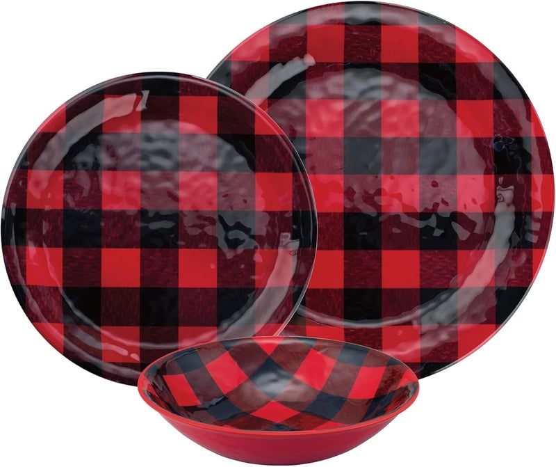 UPware 12 Piece Buffalo Plaid Melamine Dinnerware Sets Outdoor Dishes Set Plates and Bowls Sets Christmas Decorations Service for 4 Red - Image 2