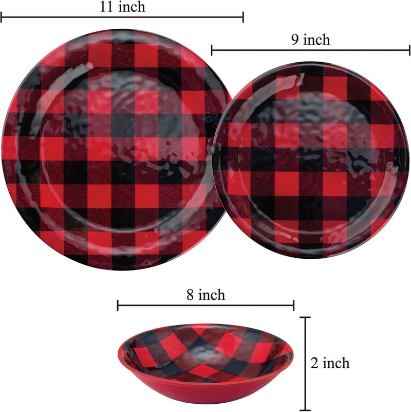 UPware 12 Piece Buffalo Plaid Melamine Dinnerware Sets Outdoor Dishes Set Plates and Bowls Sets Christmas Decorations Service for 4 Red - Image 3