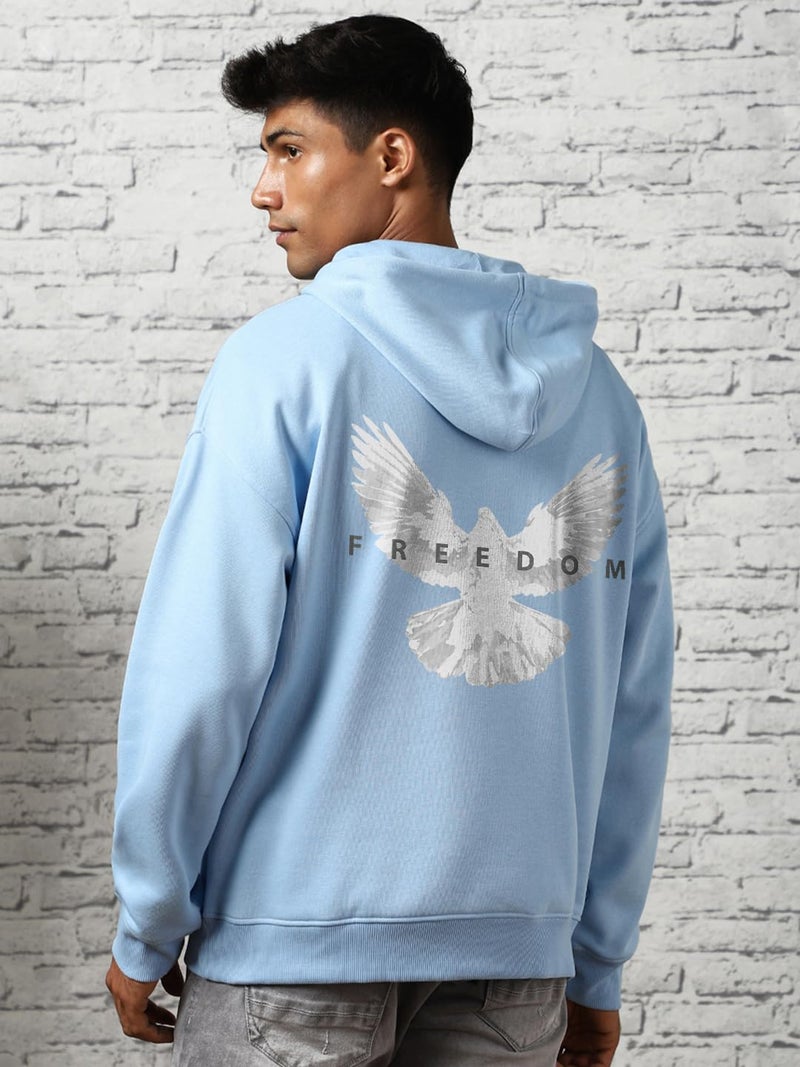 NOBERO Men's Oversized Fit Cotton Blend Neck Hooded Sweatshirt (1M-TWRH-C0641_Powder Blue-Freedom_2XL) - Image 3