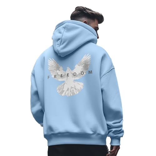 NOBERO Men's Oversized Fit Cotton Blend Neck Hooded Sweatshirt (1M-TWRH-C0641_Powder Blue-Freedom_2XL) - Image 1