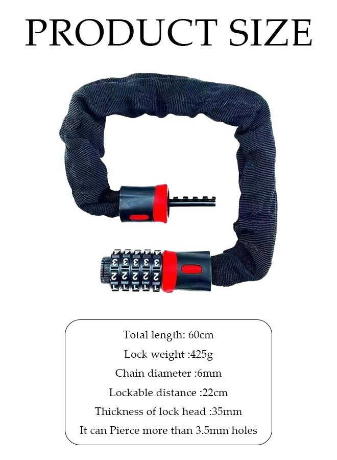 DUNISO Bike Chain Lock, 5 position combination heavy duty anti theft password lock, pressure and shear resistant, waterproof and rust proof, 6mm thick, suitable for motorcycles, bicycles  and electric scooters, 60cm - Image 2