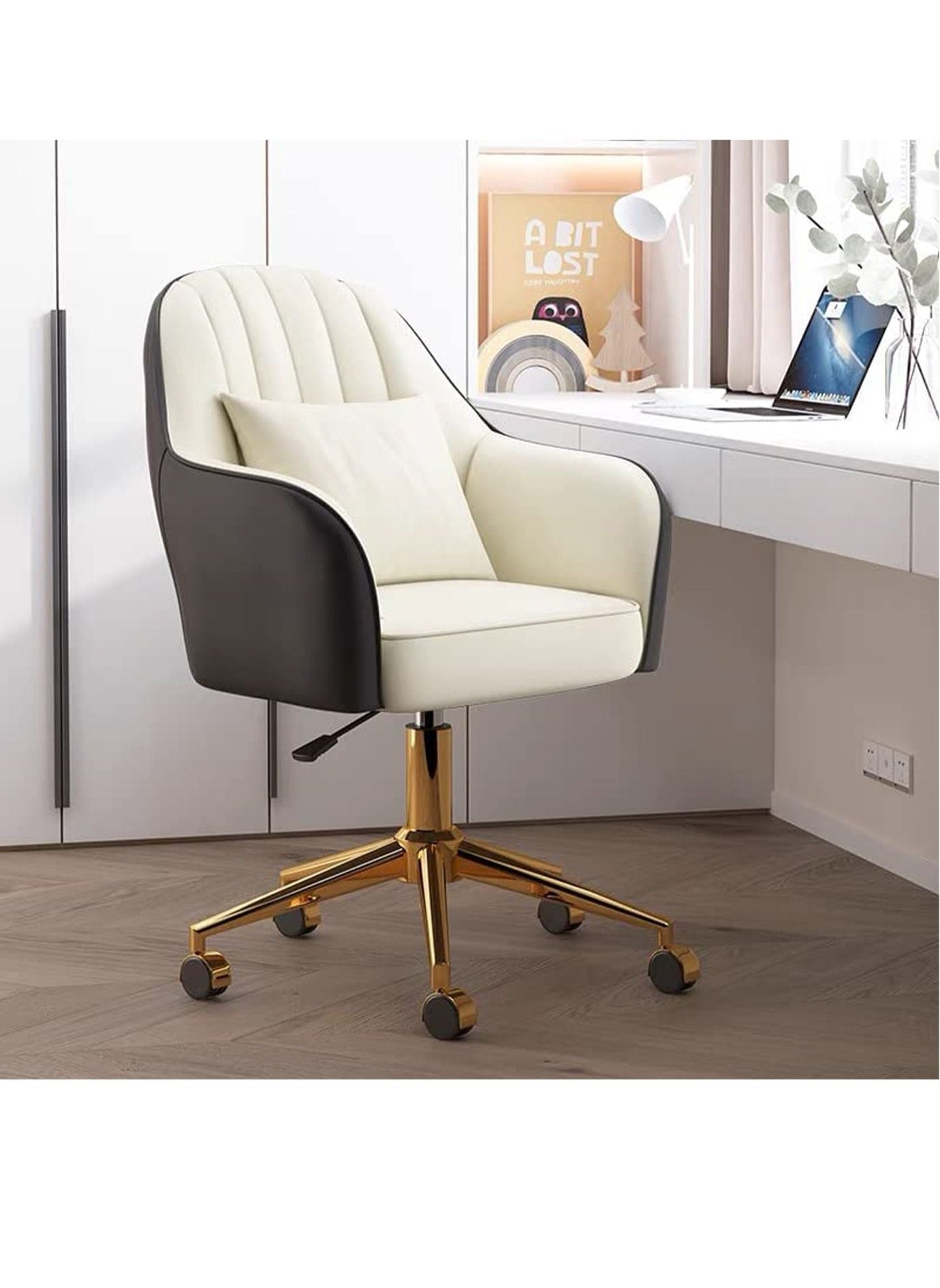 Mid-Back Home Office Desk Chair Modern Home Office Chair White with Gold Base Adjustable Swivel Task Chair for Living Room Home Office 