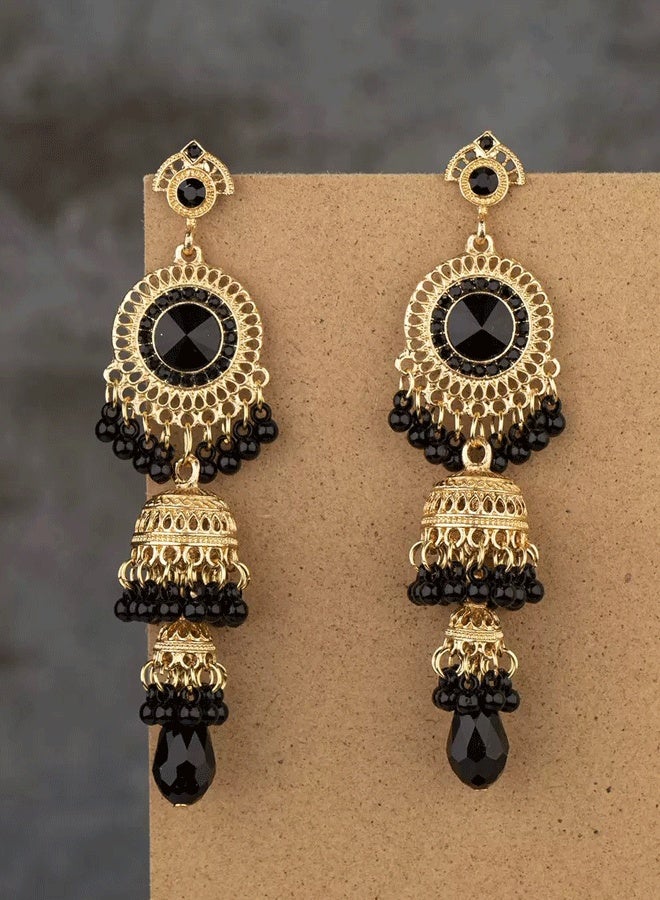 Indian Black & Gold Jhumka Earrings for Ladies - Long Layer Ethnic Traditional Temple Jewelry | Gold Plated Stone Dangle Jhumkas - Image 1