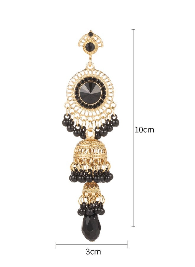 Indian Black & Gold Jhumka Earrings for Ladies - Long Layer Ethnic Traditional Temple Jewelry | Gold Plated Stone Dangle Jhumkas - Image 5