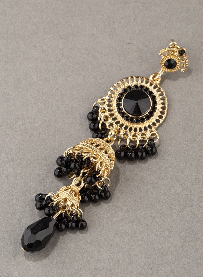 Indian Black & Gold Jhumka Earrings for Ladies - Long Layer Ethnic Traditional Temple Jewelry | Gold Plated Stone Dangle Jhumkas - Image 4