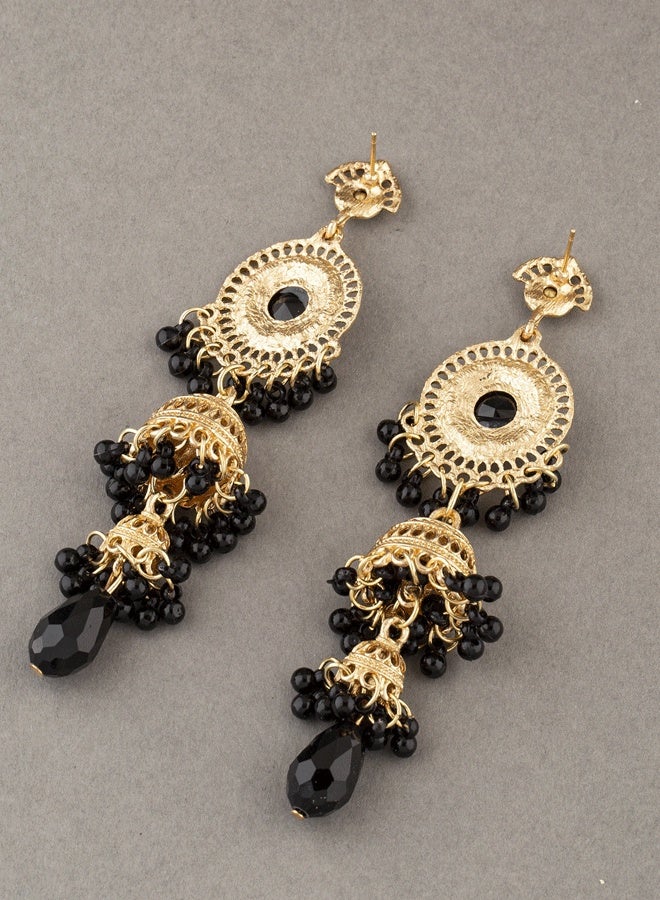 Indian Black & Gold Jhumka Earrings for Ladies - Long Layer Ethnic Traditional Temple Jewelry | Gold Plated Stone Dangle Jhumkas - Image 3