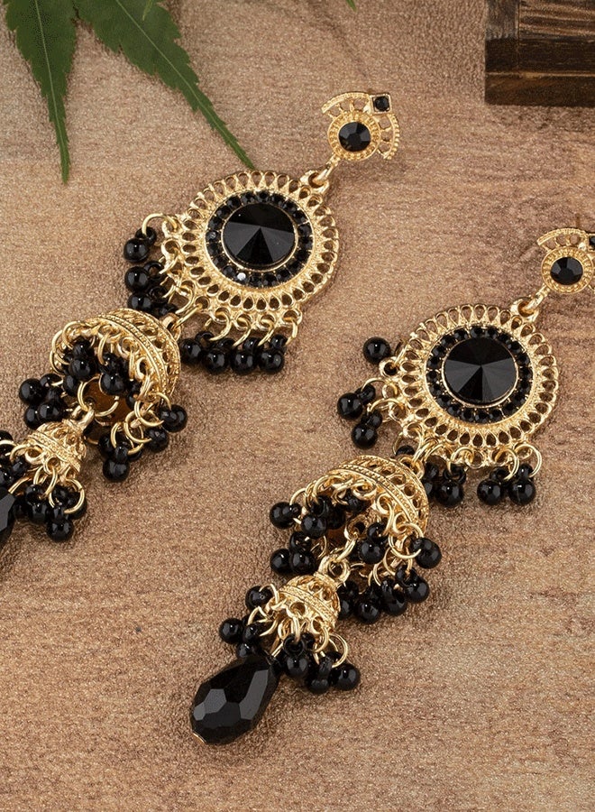 Indian Black & Gold Jhumka Earrings for Ladies - Long Layer Ethnic Traditional Temple Jewelry | Gold Plated Stone Dangle Jhumkas - Image 2