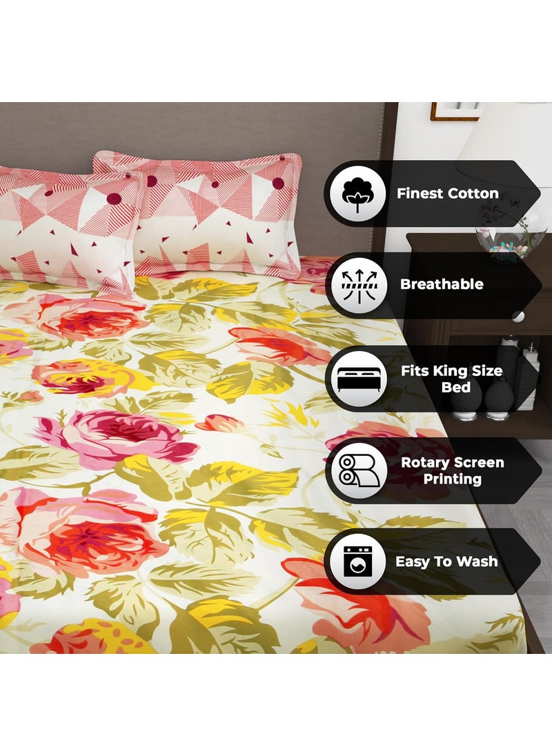 Story@Home Story@Home 210 TC 100% Cotton Double King Size Bedsheet with 2 Pillow Covers (Pink & White)  - Image 2