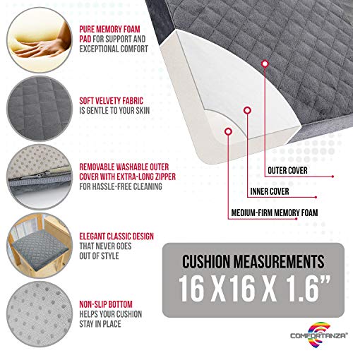 COMFORTANZA Medium-Firm 16x16x1.6 Memory Foam Seat Cushion for Kitchen, Dining, Office Chairs, Car Seats - Washable Velvety Cover w/Waterproof Layer, Non-Slip Base - Comfort, Back Pain Relief - Black - Image 4