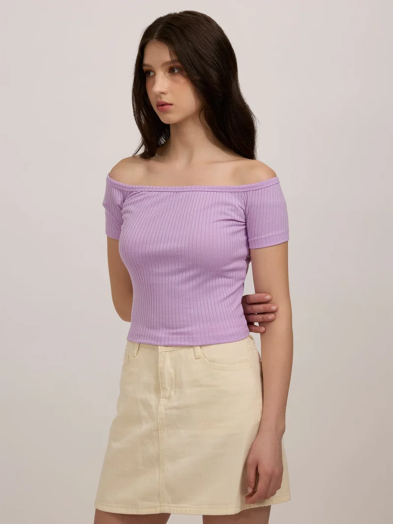 Outzidr  Purple Off-Shoulder Ribbed Top for Women | Best Price UAE
