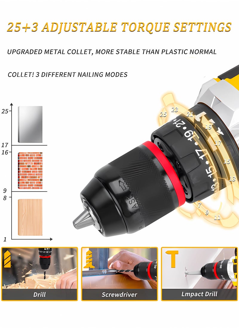 WEMART - 48V MAX Drill Tools,128PCS Tool Set,Cordless Drill,Electric Screwdriver，3/8" (10mm) Metal Chuck, 25+3 Position Clutch, LED Work Light, Tool Kit,Yellow - Image 1