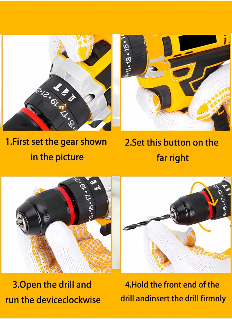 WEMART - 48V MAX Drill Tools,128PCS Tool Set,Cordless Drill,Electric Screwdriver，3/8" (10mm) Metal Chuck, 25+3 Position Clutch, LED Work Light, Tool Kit,Yellow - Image 1
