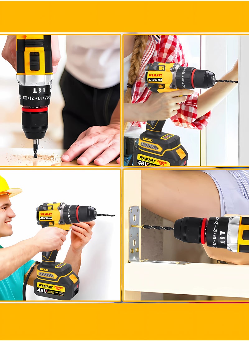 WEMART - 48V MAX Drill Tools,128PCS Tool Set,Cordless Drill,Electric Screwdriver，3/8" (10mm) Metal Chuck, 25+3 Position Clutch, LED Work Light, Tool Kit,Yellow - Image 1